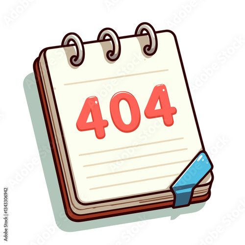 404 message on notepad with blue bookmark in office supplies illustration. Ideal for stationery websites or organizational services showing unavailable content.