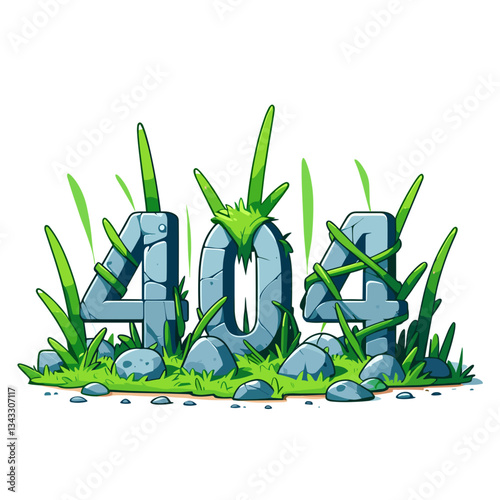 404 error text with grass and stones in natural green colors. Ideal for environmental or gardening websites to indicate missing content.