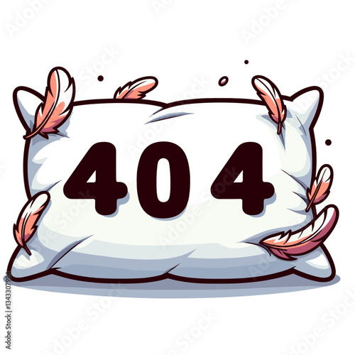 Pillow with 404 message and feathers in white and brown tones. Ideal for bedroom websites indicating unavailable bedding products or comfort items.