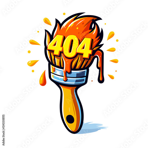 Paint brush with 404 message in fiery orange flames. Ideal for art websites indicating unavailable creative tools or artistic resource failures.