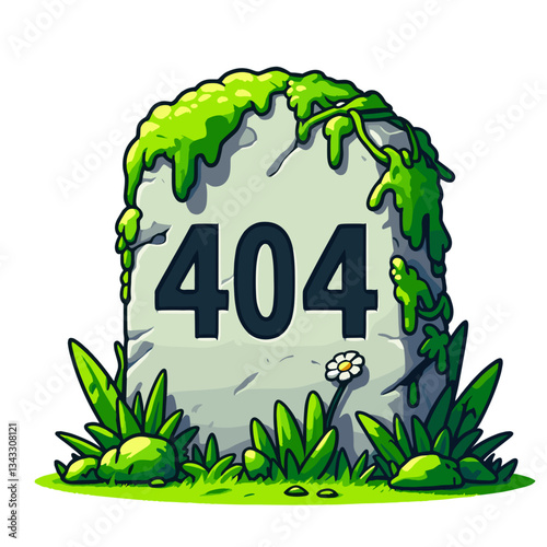 404 error on moss-covered gravestone in green nature illustration. Perfect for horror websites or memorial services showing unavailable content.