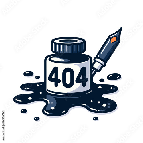 Ink bottle with 404 message and pen in dark blue. Perfect for writing websites indicating unavailable literary tools or content creation resources.