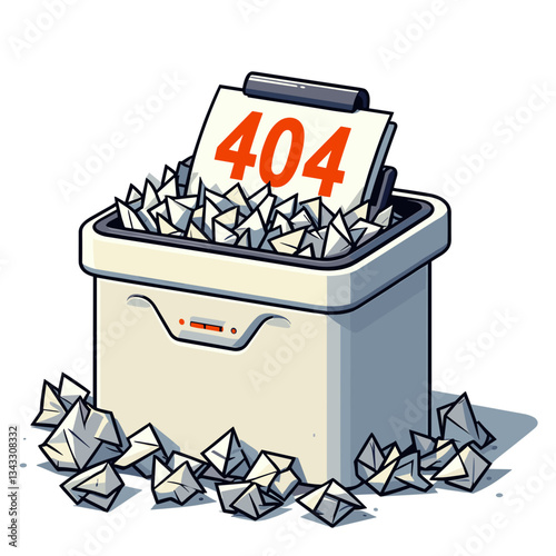 Paper shredder with 404 error document in gray and red colors. Perfect for document management websites to indicate file not found or deleted content.