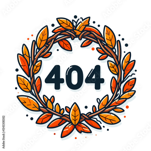 404 error surrounded by autumn leaf wreath in seasonal illustration. Perfect for fall-themed websites or harvest events showing unavailable content.