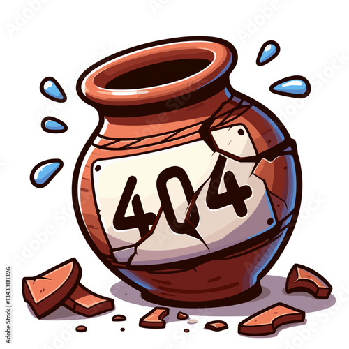Broken clay pot with 404 label in terracotta and brown colors. Perfect for pottery or crafts websites to indicate unavailable products or discontinued items.