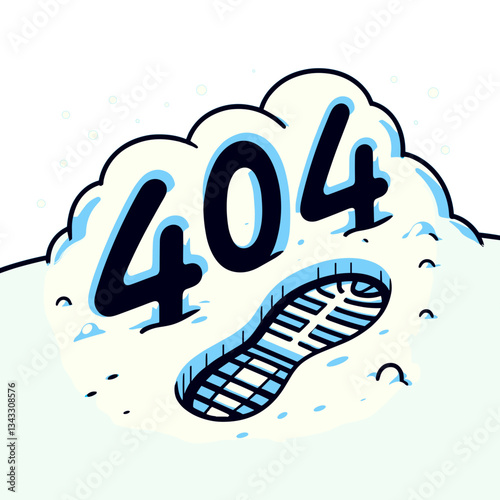 Footprint in snow with 404 error in blue and white colors. Perfect for tracking or expedition websites to indicate lost trails or missing routes.