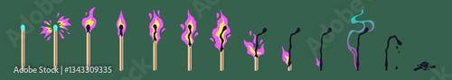 Set of steps of burning matchstick. Lightning of matches phases: spark, fire, flame, smoke, ash. Igniting, blazing, burnt sticks. Combustion sequence for animation. Flat isolated vector illustrations