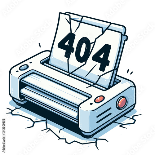 404 error on broken printer. Office equipment website error page design for business or technology platforms showing device malfunction concept.