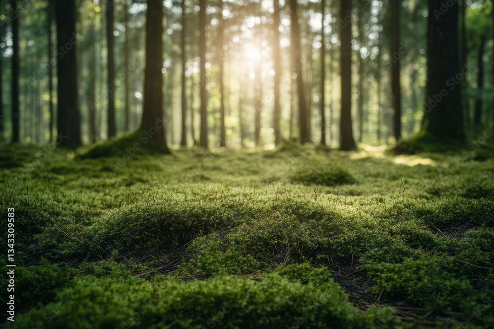 Fototapeta premium Sunlit forest floor with lush moss in golden hue. AI image