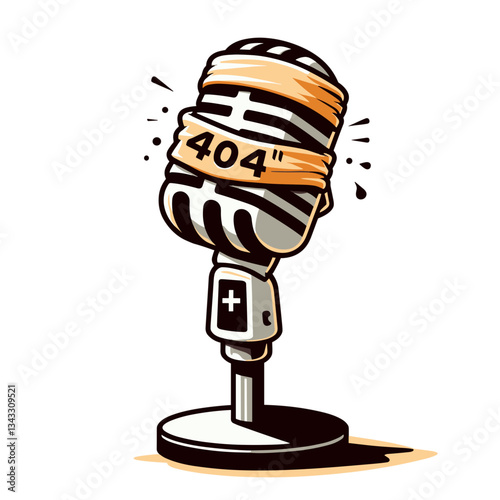 404 error on vintage microphone. Audio equipment website error page design for podcast or broadcasting platforms showing sound recording issue concept.
