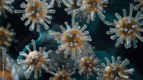 Coronavirus microscopic view. Floating influenza virus cells. Dangerous asian ncov corona virus