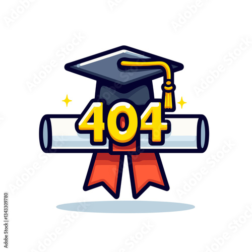 Graduation cap and diploma with 404 message in gold and orange. Ideal for educational websites indicating unavailable courses or academic resources.