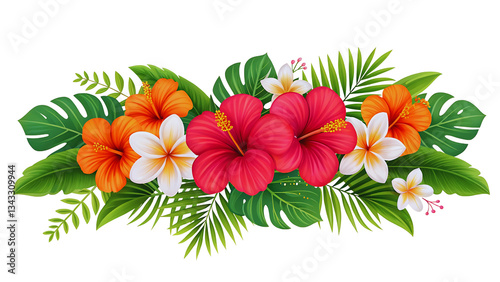 Vibrant Hibiscus and Plumeria Tropical Flower Arrangement with Lush Green Leaves