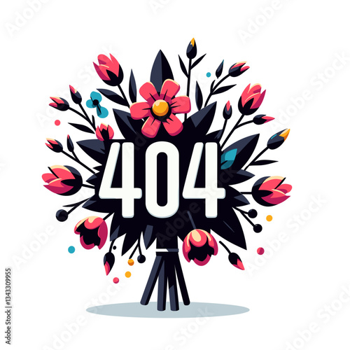 Floral bouquet with 404 message in white on black. Ideal for florist websites indicating unavailable flower arrangements or botanical resources.