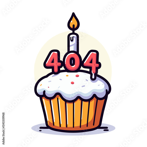 Cupcake with 404 candle in orange and yellow. Ideal for bakery websites indicating unavailable dessert items or recipe resources.