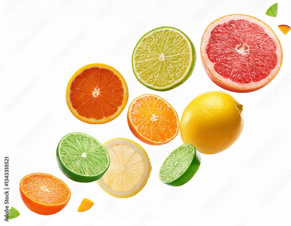 mix of falling orange grapefruit lime and lemon slices isolated on white background mix of falling orange grapefruit lime and lemon slices isolated on white background