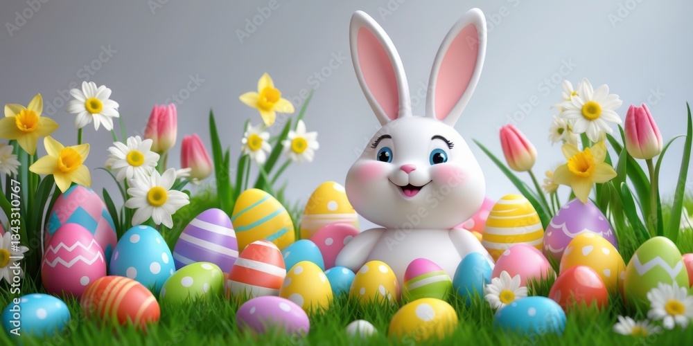 Fototapeta premium Cheerful Easter Bunny with Colorful Eggs