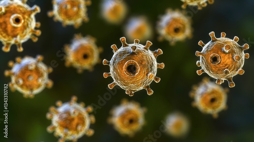 Coronavirus microscopic view. Floating influenza virus cells. Dangerous asian ncov corona virus