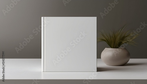white square book mockup front view with blank hard cover standing on white table 3d rendering