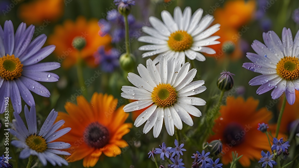 Fototapeta premium A close-up of a cluster of wildflowers in full bloom, featuring bright daisies, lavender, and poppies, with morning dew glistening on the petals.