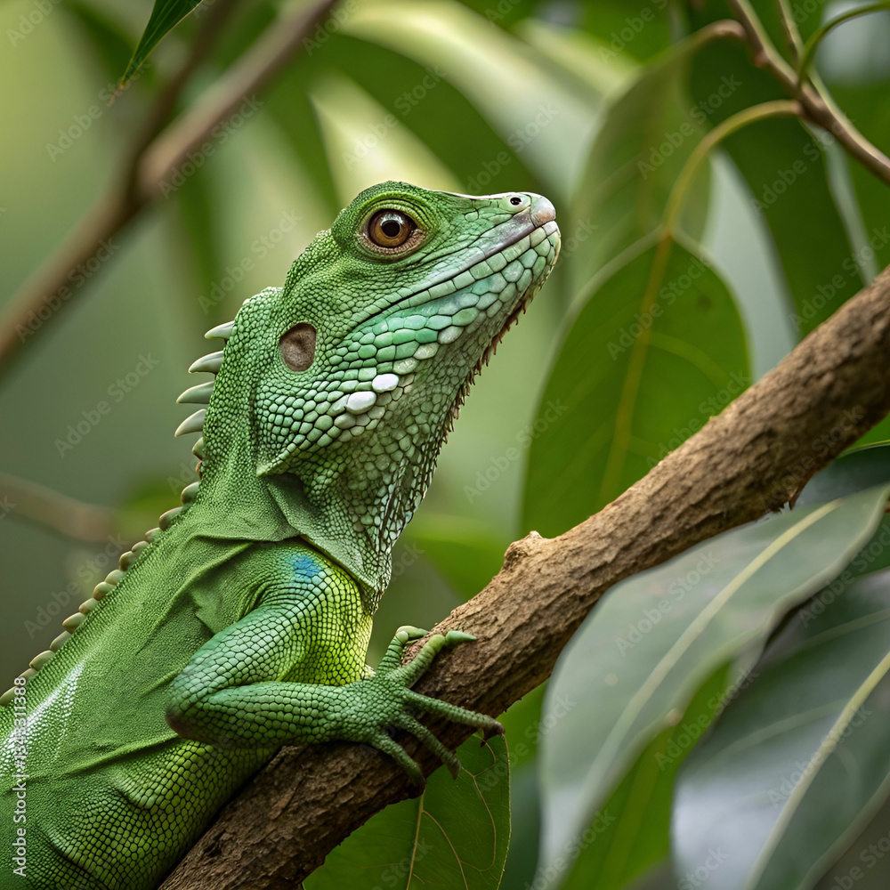 Fototapeta premium Green iguana close-up on a branch