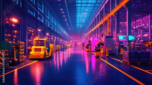 A large industrial warehouse with neon lights and a yellow forklift
