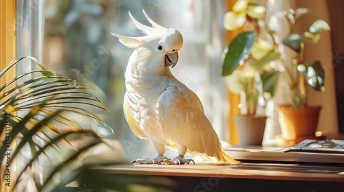 White cockatoo perched on a wooden surface near a window, sunlight streaming in, surrounded by houseplants.