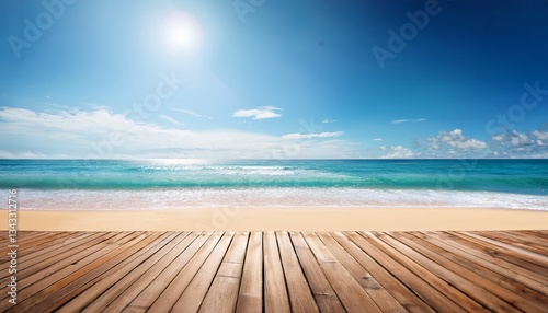 a serene beach scene featuring a wooden platform on the sand with gentle waves and a bright blue sky illuminated by the sun