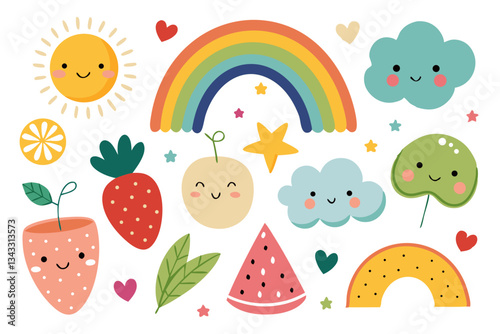 Adorable hand-drawn vector collection for nursery decoration, featuring cute rainbows, fruits, and bunting
