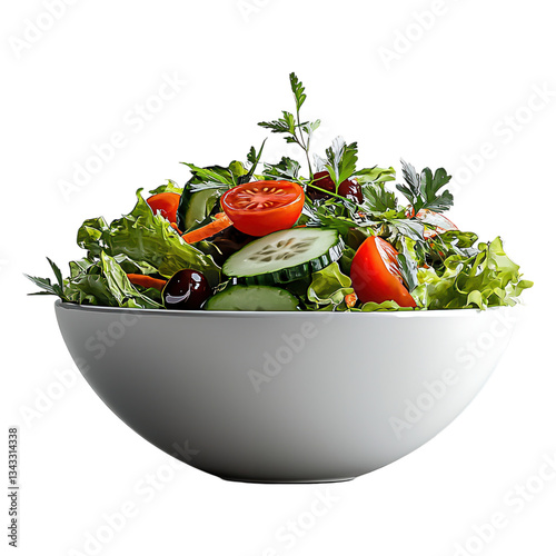 Fresh and Colorful Salad Bowl with Vegetables, Herbs, and Dressing Isolated on a White Background