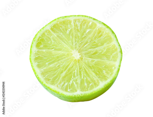 Front view of fresh green lemon fruit in half in circle shape without green leaf isolated with clipping path in png file format