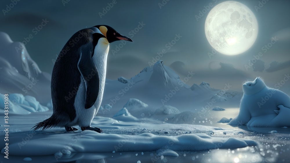 Fototapeta premium Majestic Emperor Penguin under Full Moon in Icy Polar Wonderland