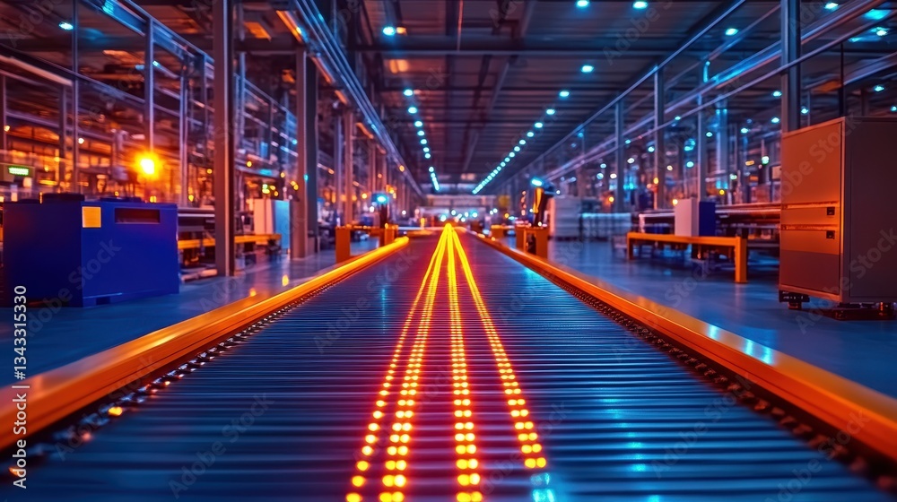 Modern industrial automation, robotic conveyor belt with synchronized robotic arms, sleek factory interior with high-tech lighting Modern industrial automation, robotic conveyor belt with synchronized robotic arms, sleek factory interior with high-tech lighting