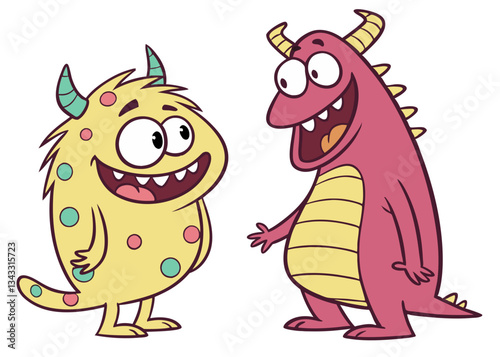 A playful collection of funny, imaginary toy monsters and creatures, featuring smiling characters
