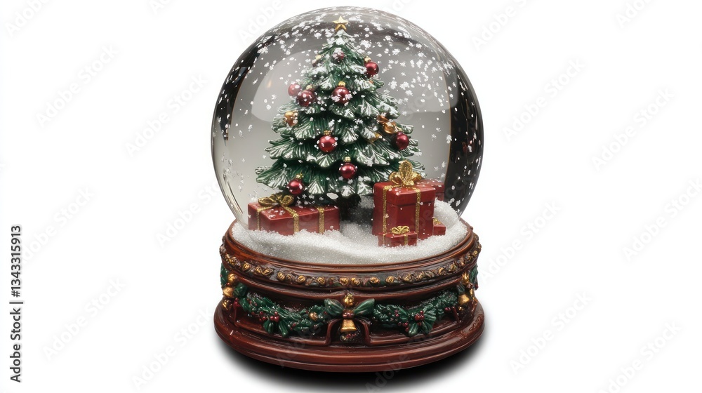 Musical Christmas snow globe with decorated tree and gifts. Musical Christmas snow globe with decorated tree and gifts.