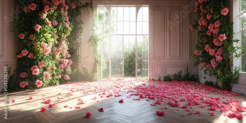 A sunlit room adorned with rose covered walls and scattered petals