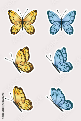 Yellow and blue butterfly stickers on background for design,printing,vector illustration.