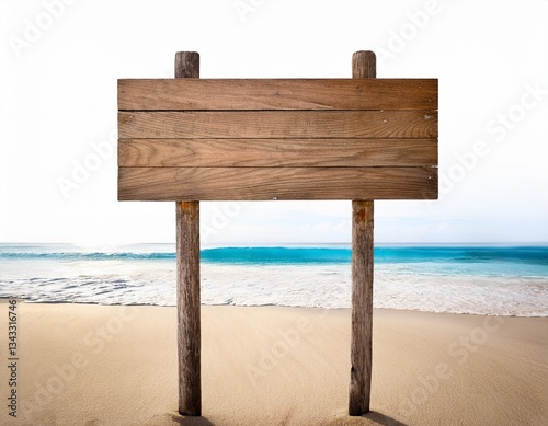 wooden signboard on tropical sandy beach white background