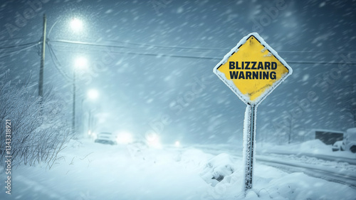 Snow-covered blizzard warning sign harsh winter driving conditions
 photo