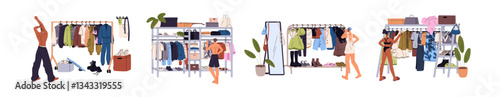 People choose clothes on hanger rack set. Characters look for outfit in closet with rail and shelves. Sort, cleaning, decluttering of wardrobe. Flat isolated vector illustrations on white background