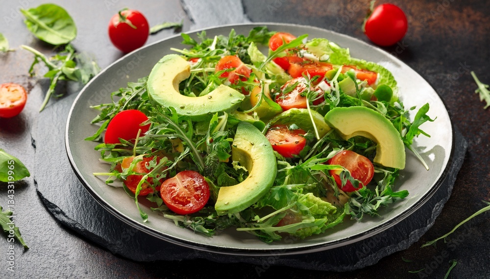 summer green healthy salad with avocado arugula microgreens cucumber cabbage and tomatoes summer green healthy salad with avocado arugula microgreens cucumber cabbage and tomatoes