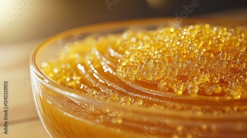 A smooth, golden paste of granular film wax, ready for application, promising a clean and effective depilation experience.