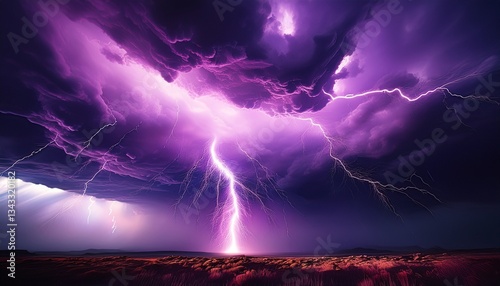 dramatic purple lightning strikes against a stormy sky at night