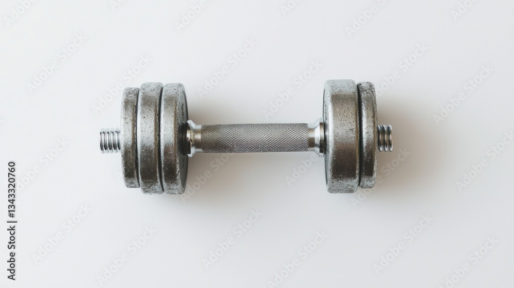 A single steel dumbbell with smooth weight plates and a textured knurled grip, centered on a pure white background, sharp details, and a modern, clean aesthetic A single steel dumbbell with smooth weight plates and a textured knurled grip, centered on a pure white background, sharp details, and a modern, clean aesthetic