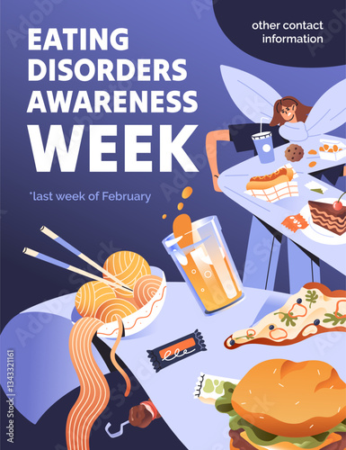 Design of eating disorder event poster. Advertising template with food addiction and overeating. Promotion with problems of gluttony, binge consumption, fastfood obsession. Flat vector illustration