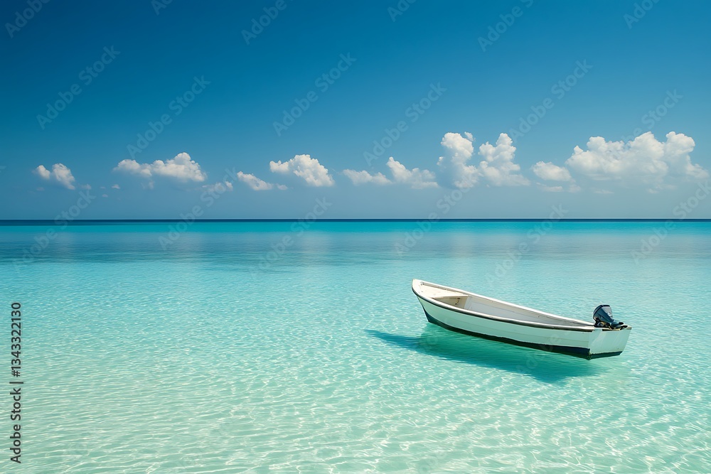 Naklejka premium Tropical Beach with Clear Blue Water, White Sand, and Sunny Sky, Idyllic Summer Vacation Destination