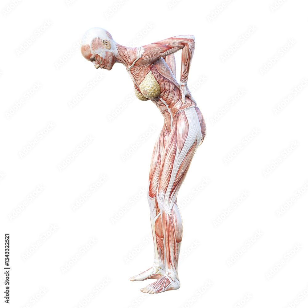 腰痛で腰の痛みをほぐし前屈みになる女性の全身横向きのイラスト 人体解剖図 筋肉
