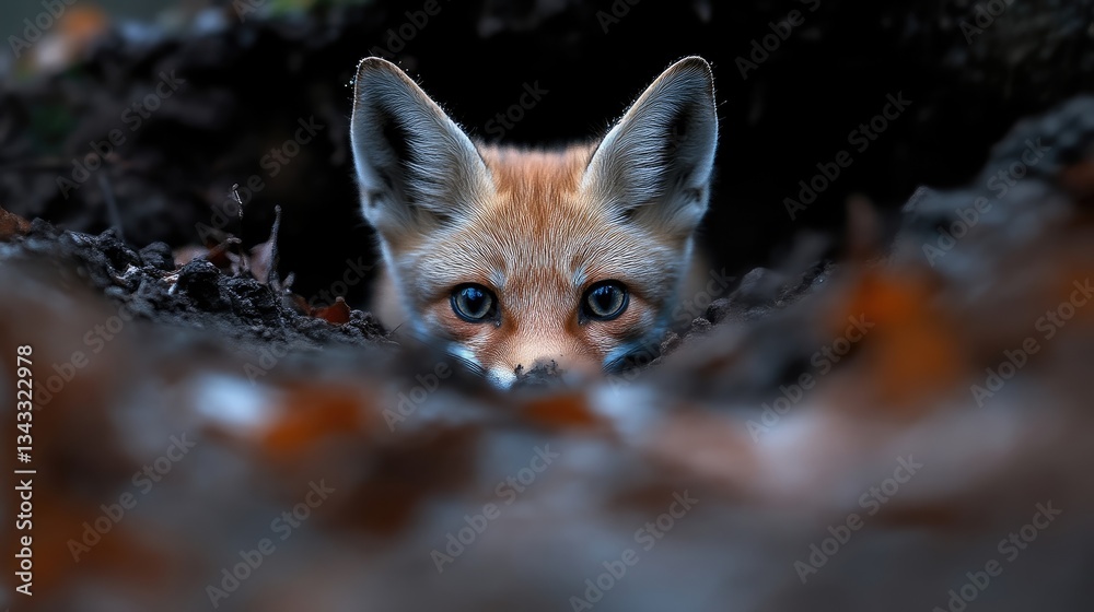 Cute fox pup peeking from den. Close-up view of an adorable young fox emerging from its burrow. Its large, expressive eyes gaze directly at the camera Cute fox pup peeking from den. Close-up view of an adorable young fox emerging from its burrow. Its large, expressive eyes gaze directly at the camera