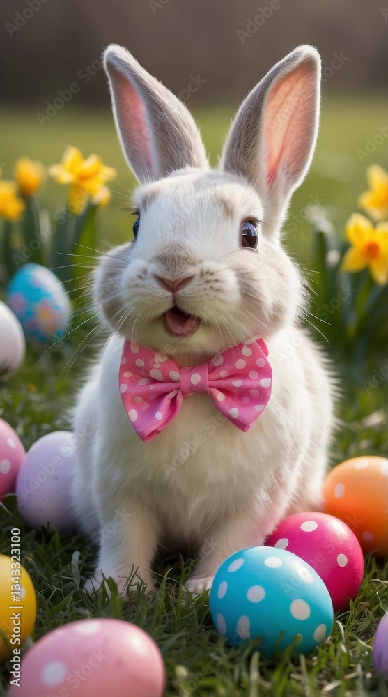 Fototapeta premium White Bunny Surrounded by Colorful Easter Eggs