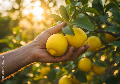 Hand picking a fresh lemon from a tree at sunset.